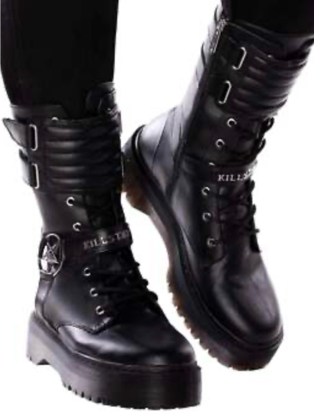 Killstar Platform Combat Boots Black Faux Leather Gothic Punk Size 13 NWOT
